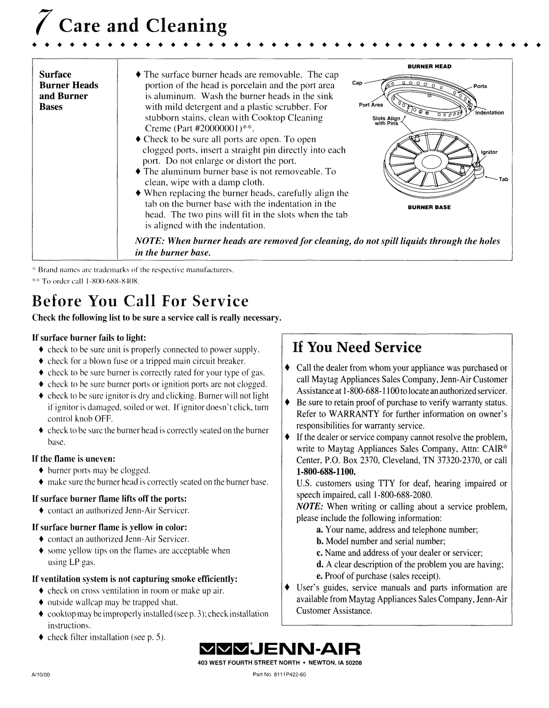 Jenn-Air CVGX2423 Care and Cleaning, If You Need Service, Surface Burner Heads Bases, If surface burner fails to light 