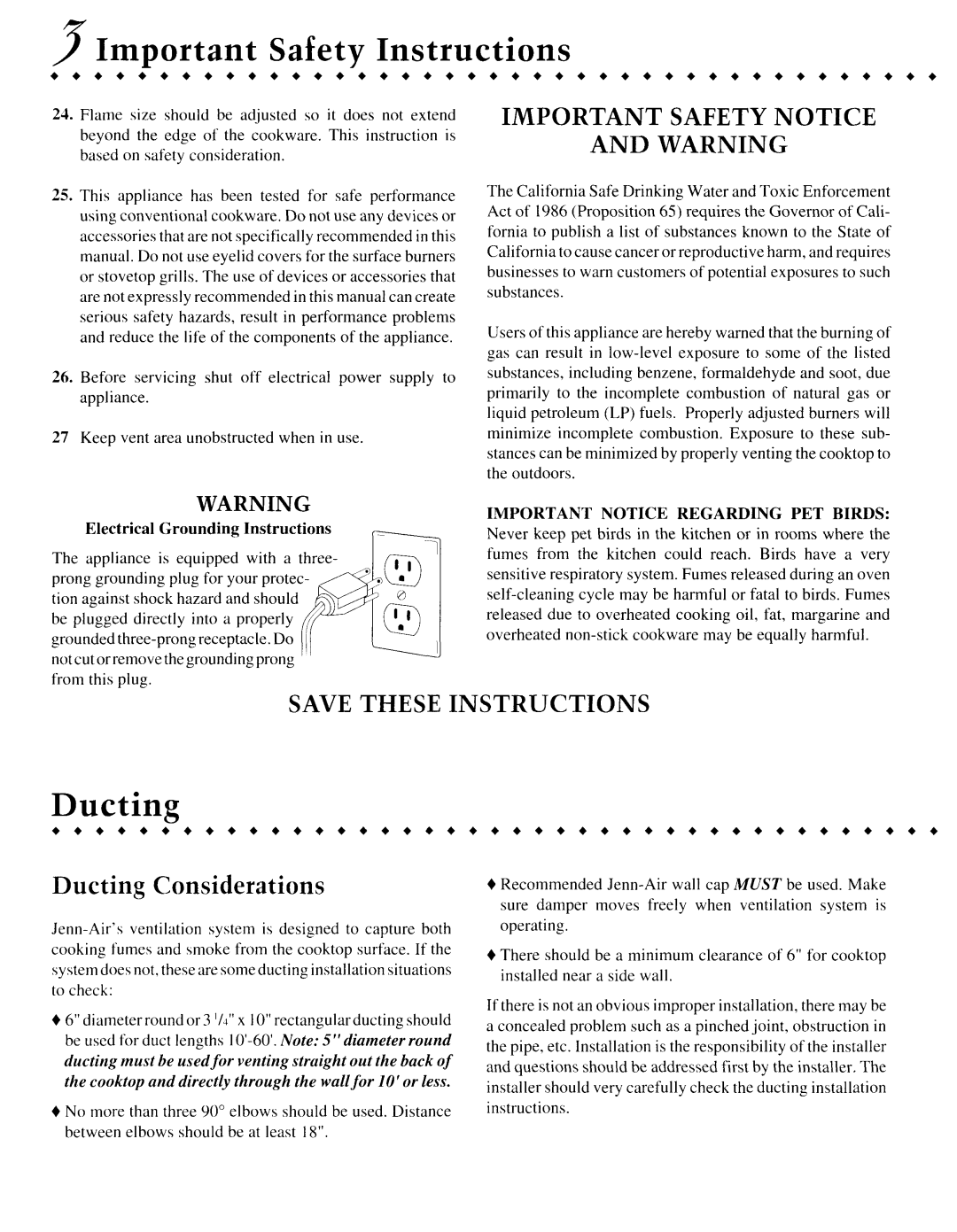 Jenn-Air CVGX2423 manual sImportant, Important Safety Notice And Warning, Save These Instructions, Ducting Considerations 