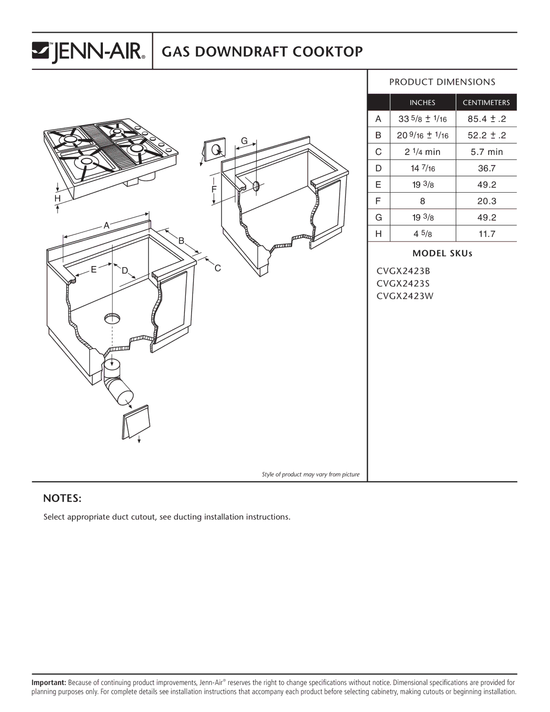 Jenn-Air CVGX2423W, CVGX2423S, CVGX2423B installation instructions GAS Downdraft Cooktop, Product Dimensions, Model SKUs 