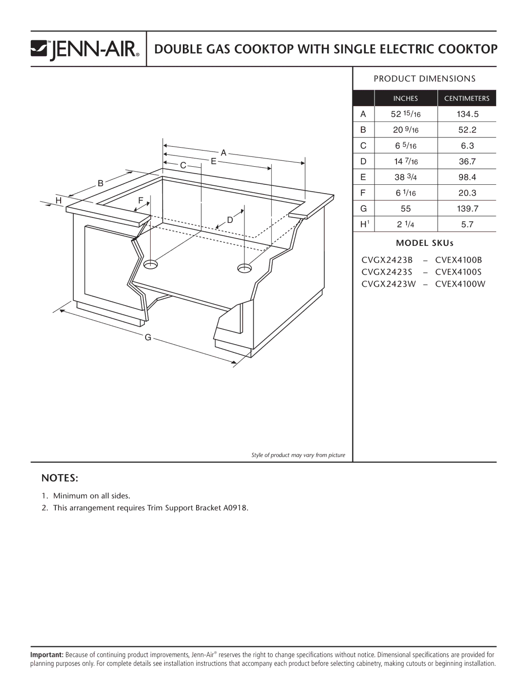 Jenn-Air CVGX2423B, CVGX2423S, CVGX2423W installation instructions Double GAS Cooktop with Single Electric Cooktop 