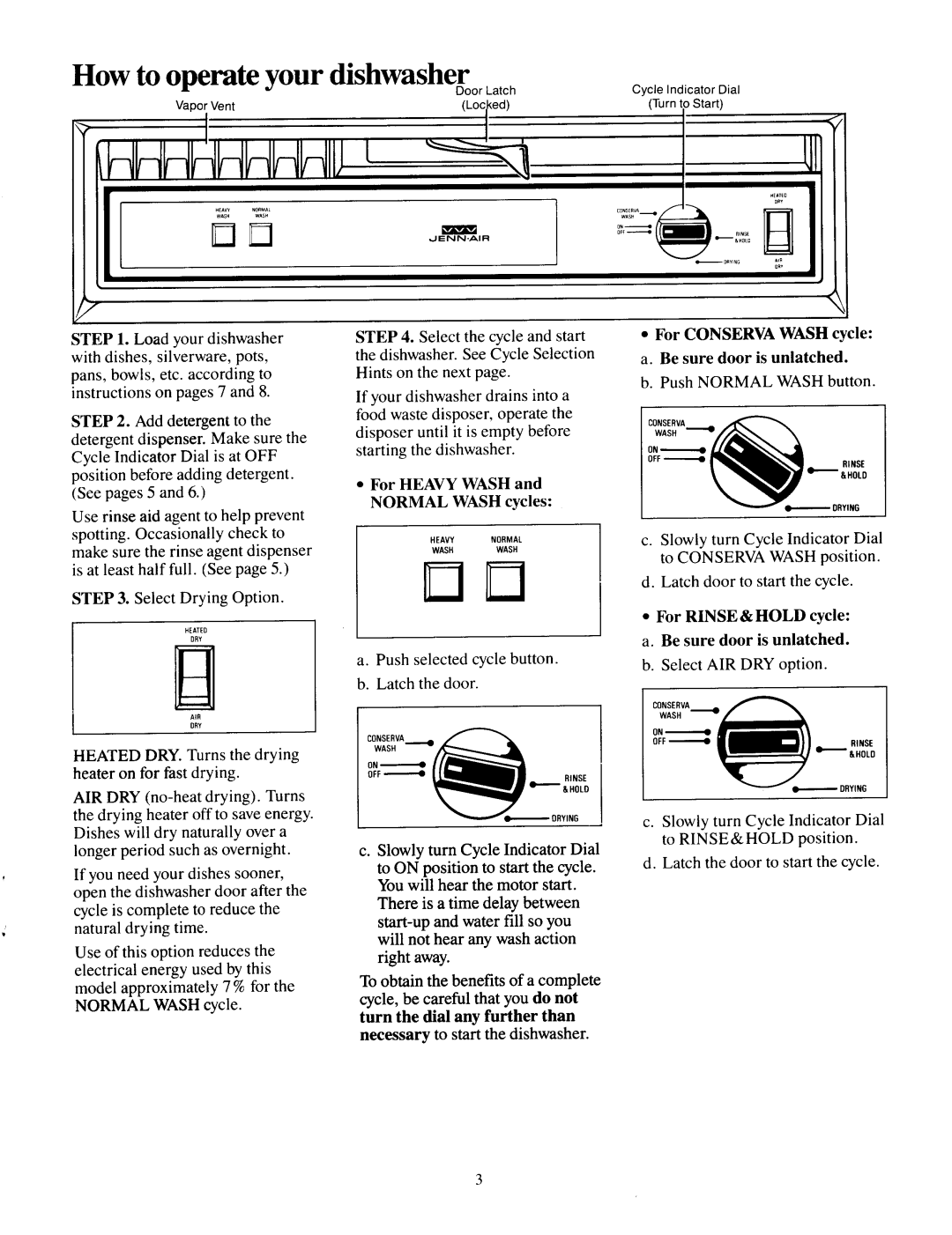 Jenn-Air DU430 manual For Conserva Wash cycle a. Be sure door is unlatched, Fo Heavy Wash an 