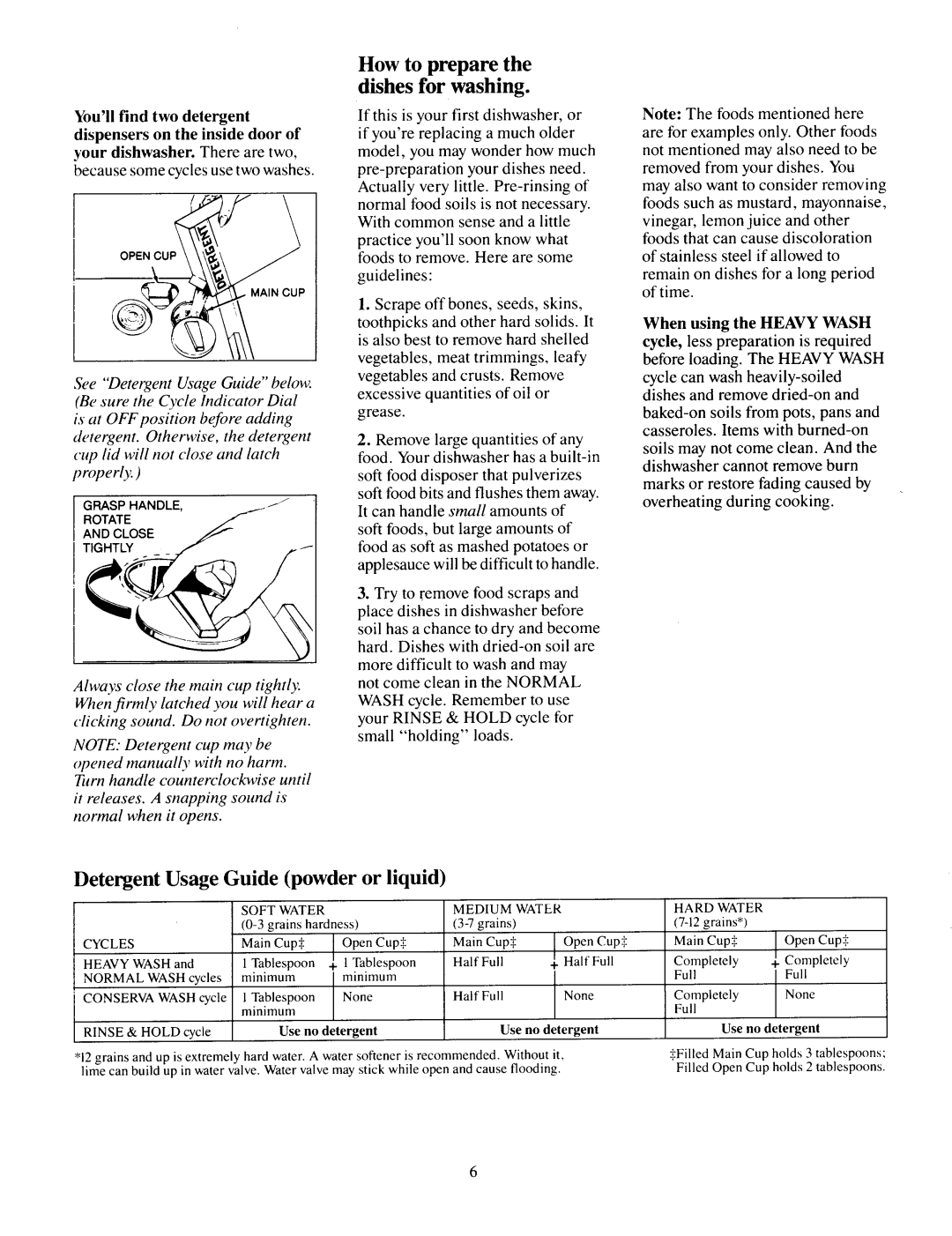 Jenn-Air DU430 manual How to prepare the dishes for washing, Detergent Usage Guide powder or liquid 