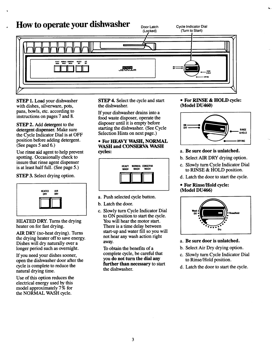 Jenn-Air DU460, DU466 operating instructions How to operate your dishwasher ooor,ch oyc,e,n,oatorO,a 