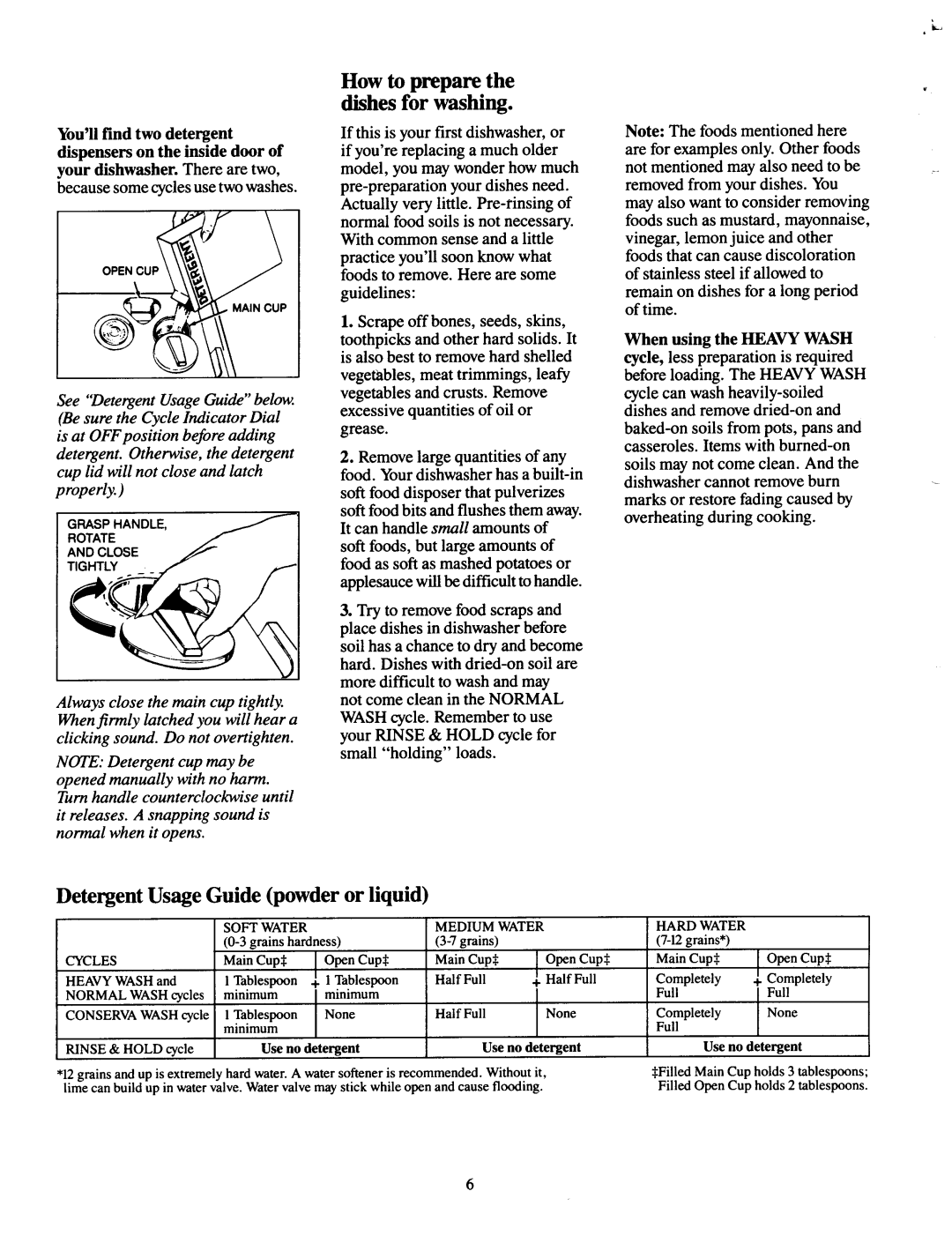 Jenn-Air DU466, DU460 How to prepare the dishes for washing, Detergent Usage Guide powder or liquid, Open CU P, Ightly 