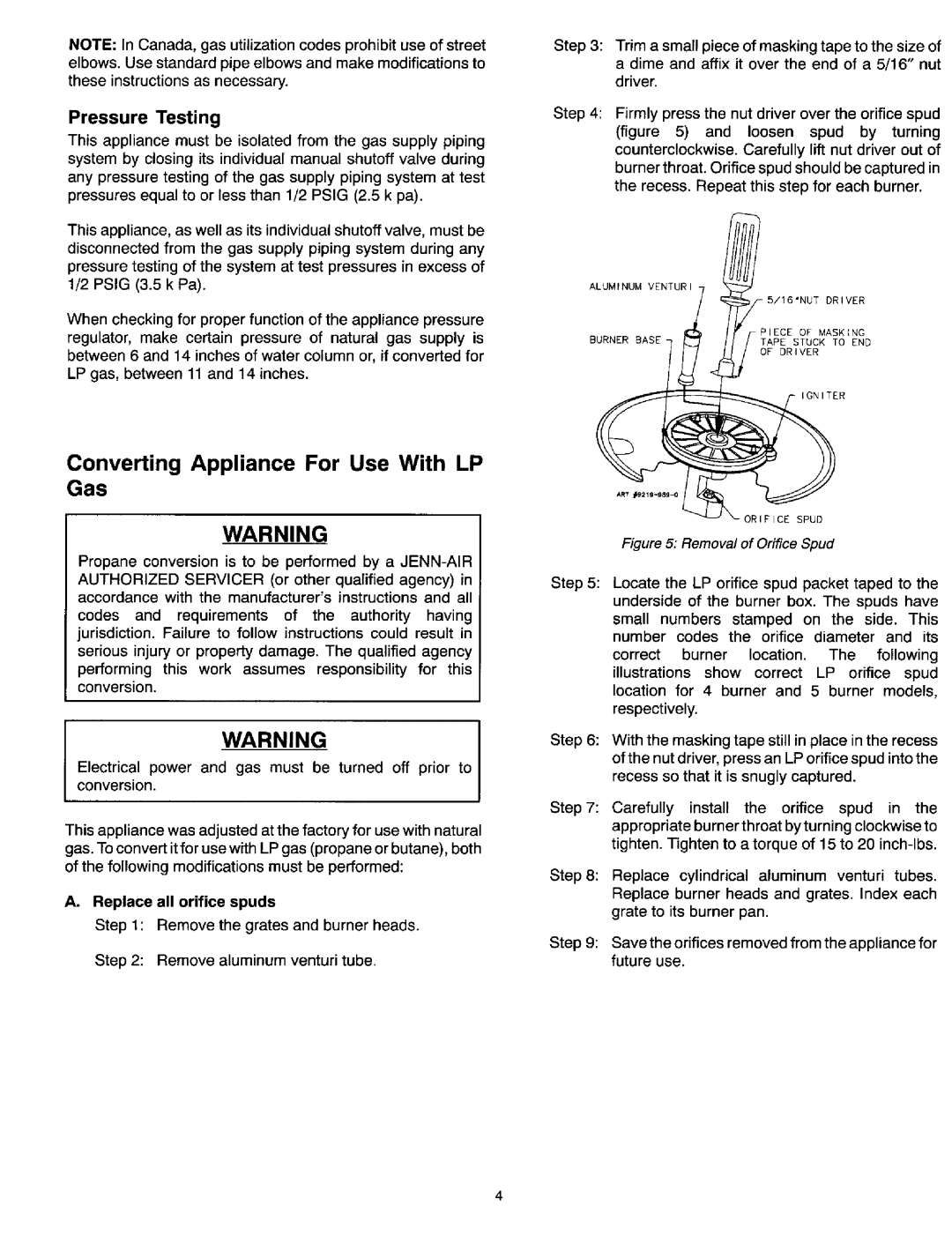 Jenn-Air Dual Fuel Cooktop dimensions Converting Appliance For Use With LP Gas 