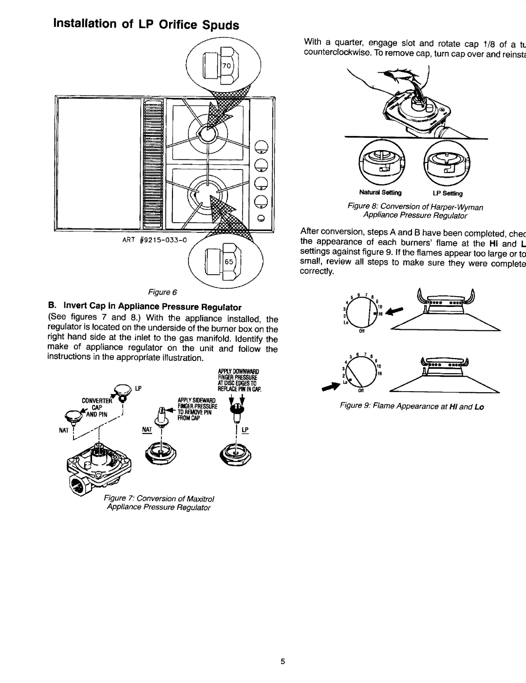 Jenn-Air Dual Fuel Cooktop dimensions Installation of LP Orifice Spuds, Invert Cap in Appliance Pressure Regulator 