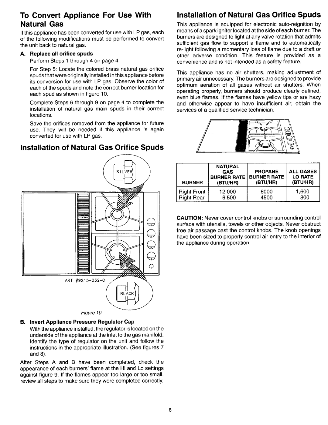 Jenn-Air Dual Fuel Cooktop dimensions To Convert Appliance For Use With, Installation of Natural Gas Orifice Spuds 