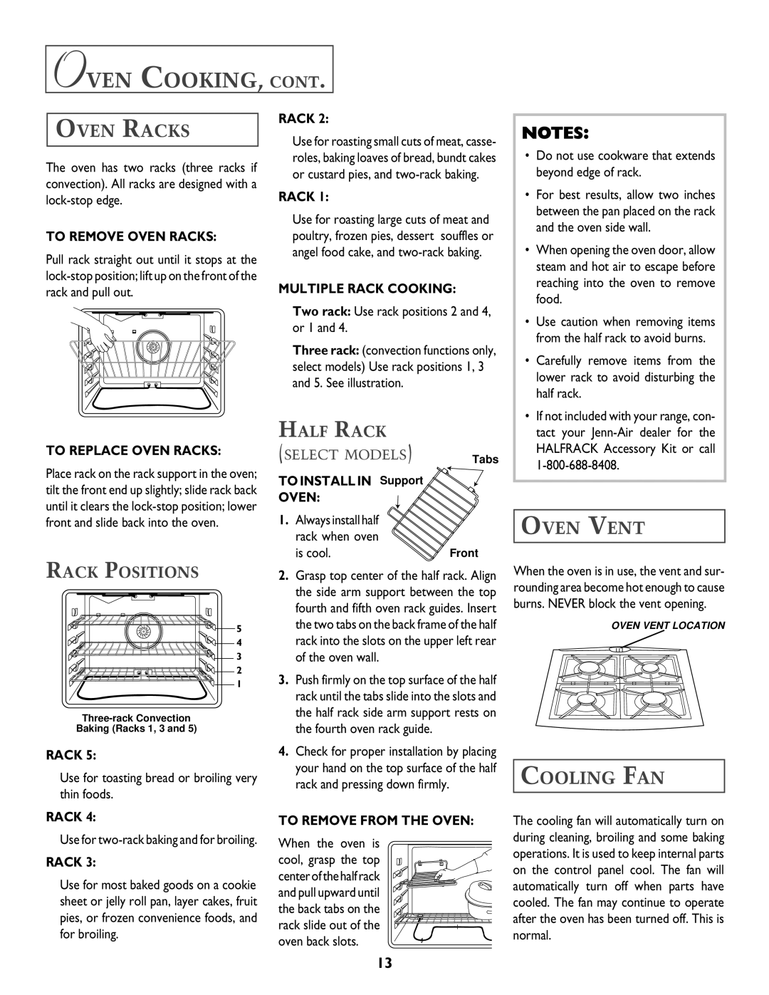 Jenn-Air DUAL-FUEL SLIDE-IN RANGE warranty Oven Racks, Oven Vent, Cooling FAN, Half Rack, Rack Positions 