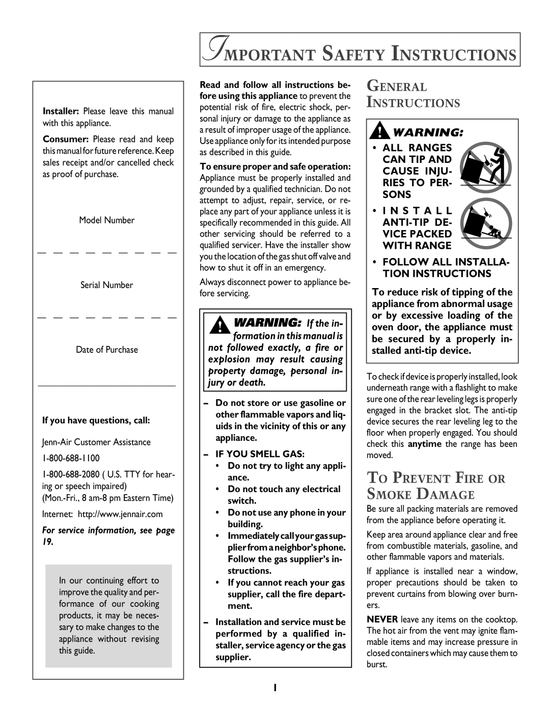 Jenn-Air DUAL-FUEL SLIDE-IN RANGE Important Safety Instructions, General Instructions, To Prevent Fire or Smoke Damage 