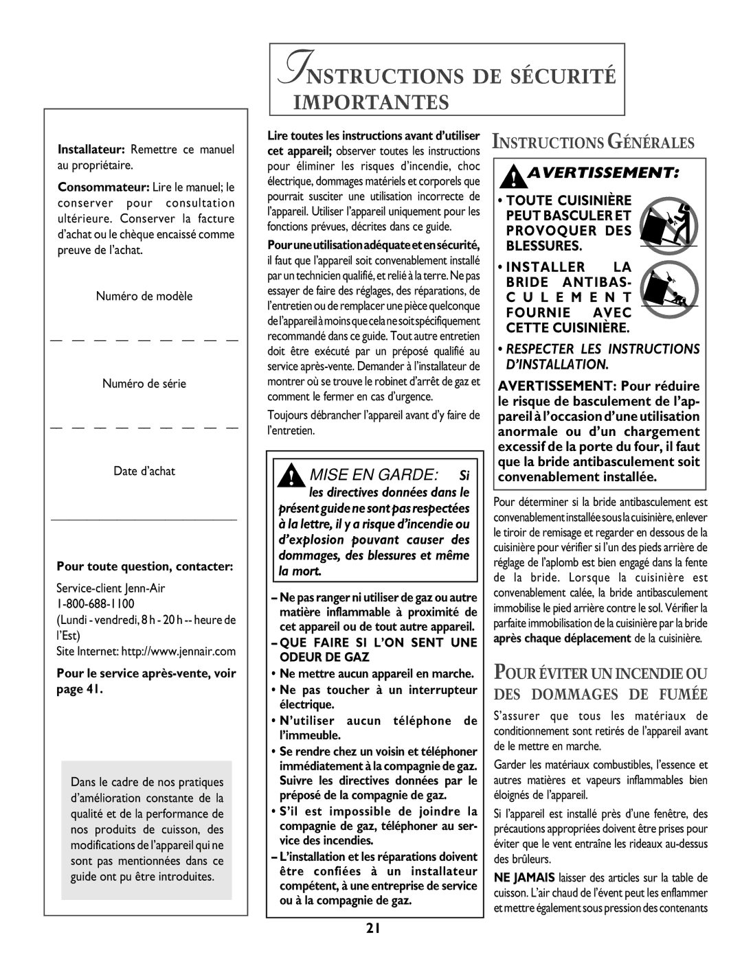 Jenn-Air DUAL-FUEL SLIDE-IN RANGE warranty Instructions DE Sécurité Importantes, Instructions Générales, Avec 