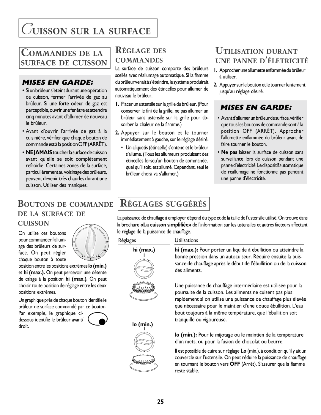 Jenn-Air DUAL-FUEL SLIDE-IN RANGE warranty Cuisson SUR LA Surface, Commandes DE LA Surface DE Cuisson, Réglages Suggérés 