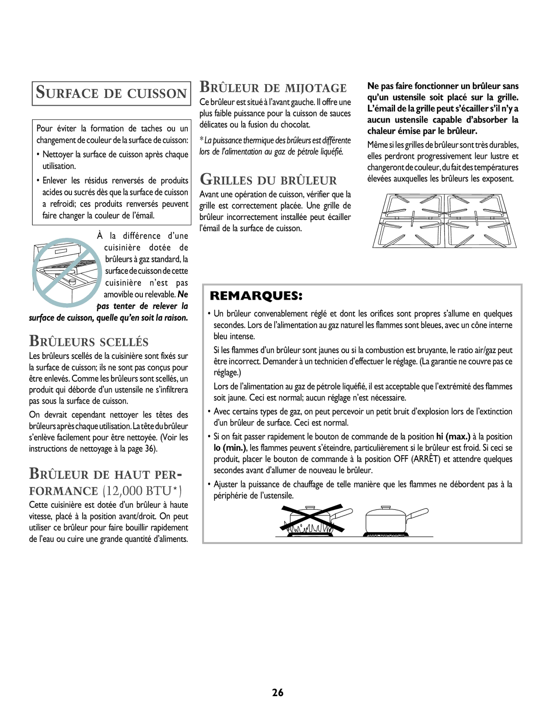 Jenn-Air DUAL-FUEL SLIDE-IN RANGE warranty Surface DE Cuisson, Brûleur DE Mijotage, Grilles DU Brûleur, Brûleurs Scellés 