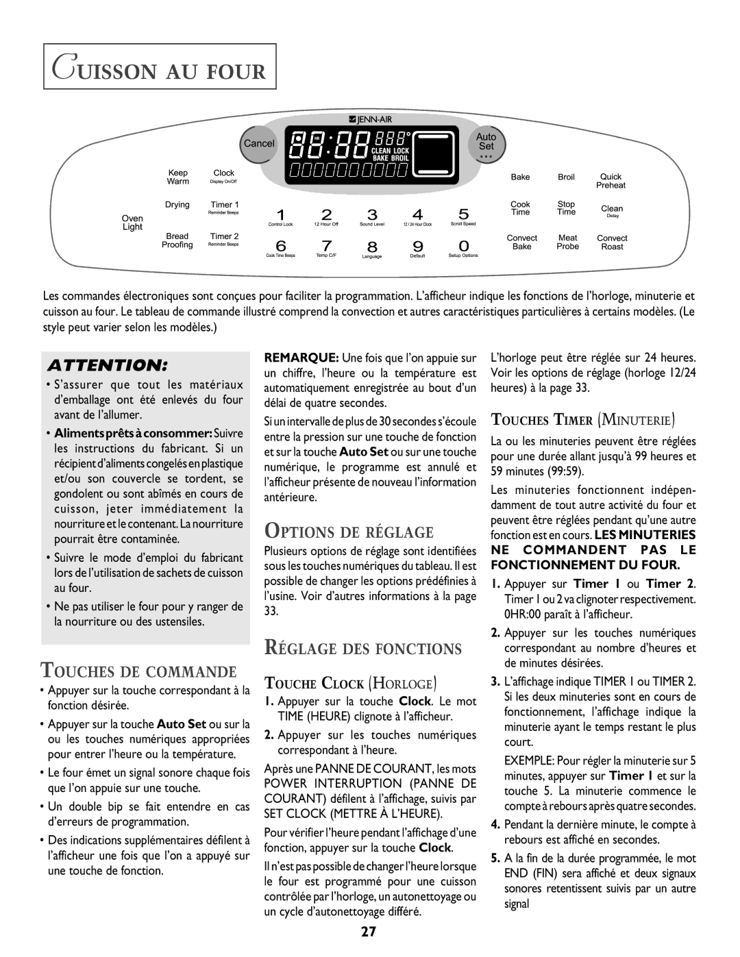 Jenn-Air DUAL-FUEL SLIDE-IN RANGE warranty Cuisson AU Four, Touches DE Commande, Options DE Réglage, Réglage DES Fonctions 