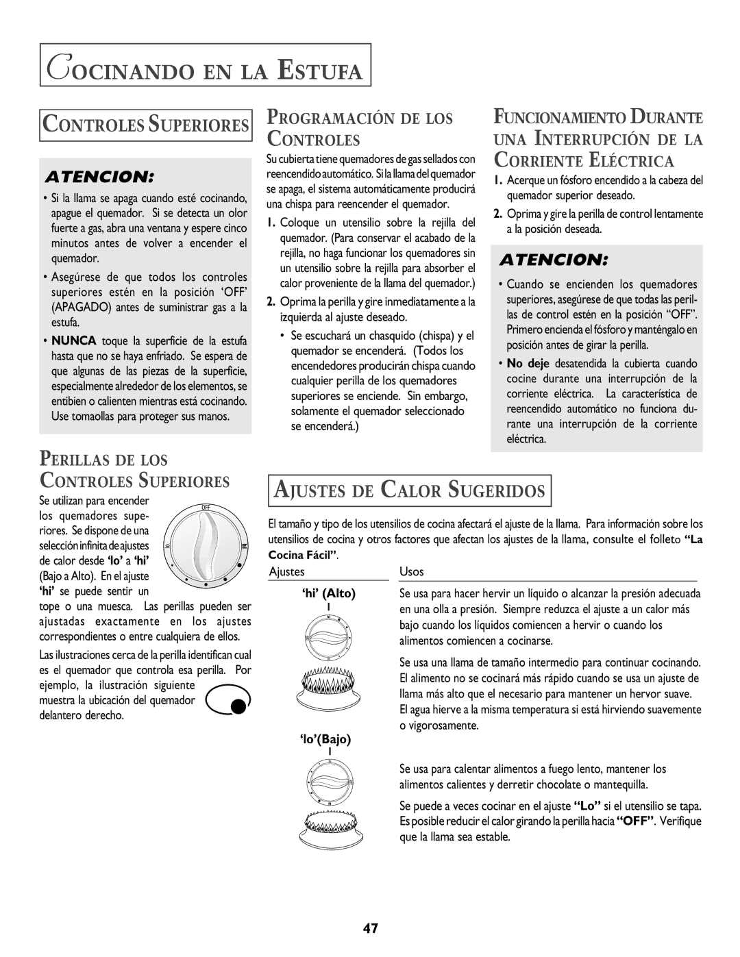 Jenn-Air DUAL-FUEL SLIDE-IN RANGE warranty Cocinando EN LA Estufa, Ajustes DE Calor Sugeridos, Controles Superiores 