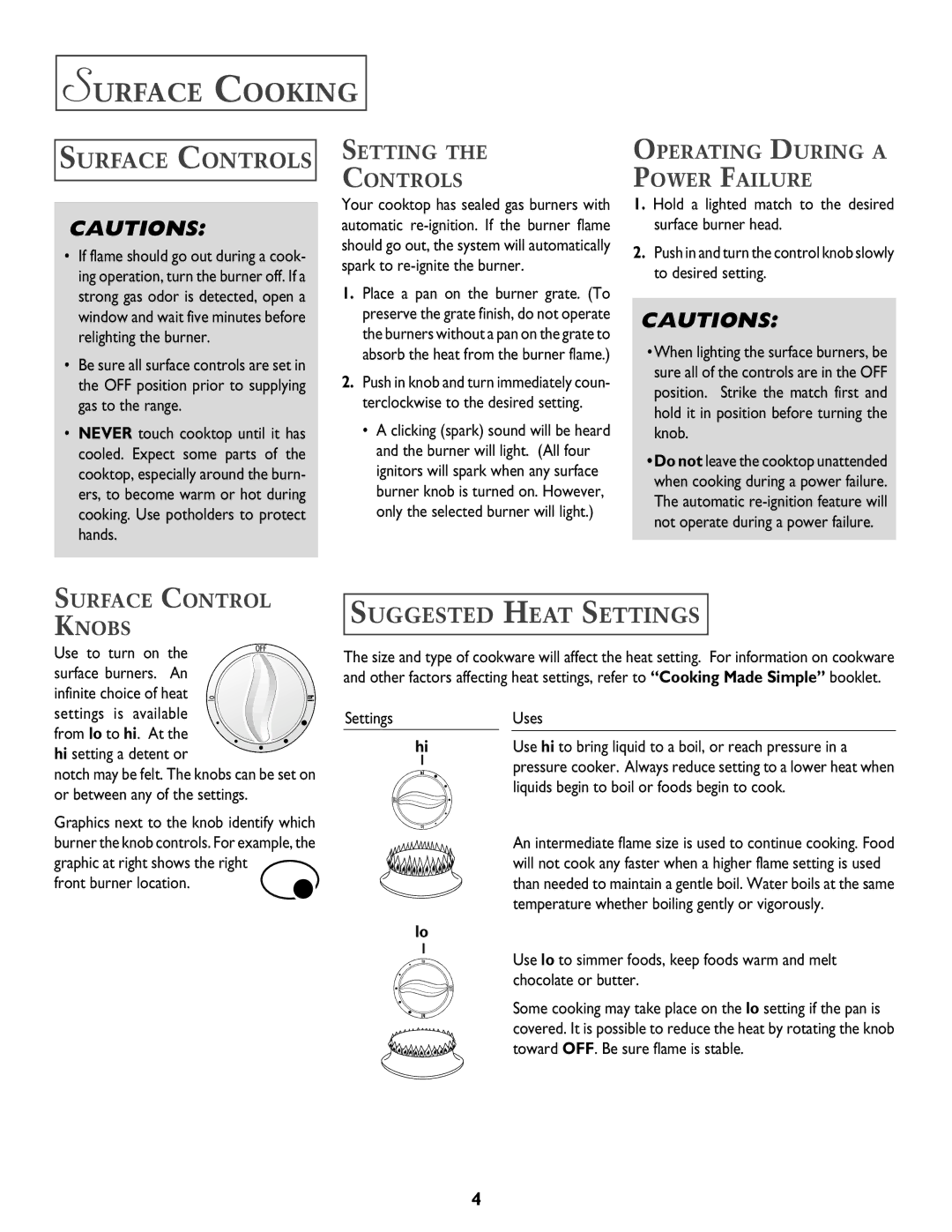 Jenn-Air DUAL-FUEL SLIDE-IN RANGE warranty Surface Cooking, Surface Controls, Suggested Heat Settings 