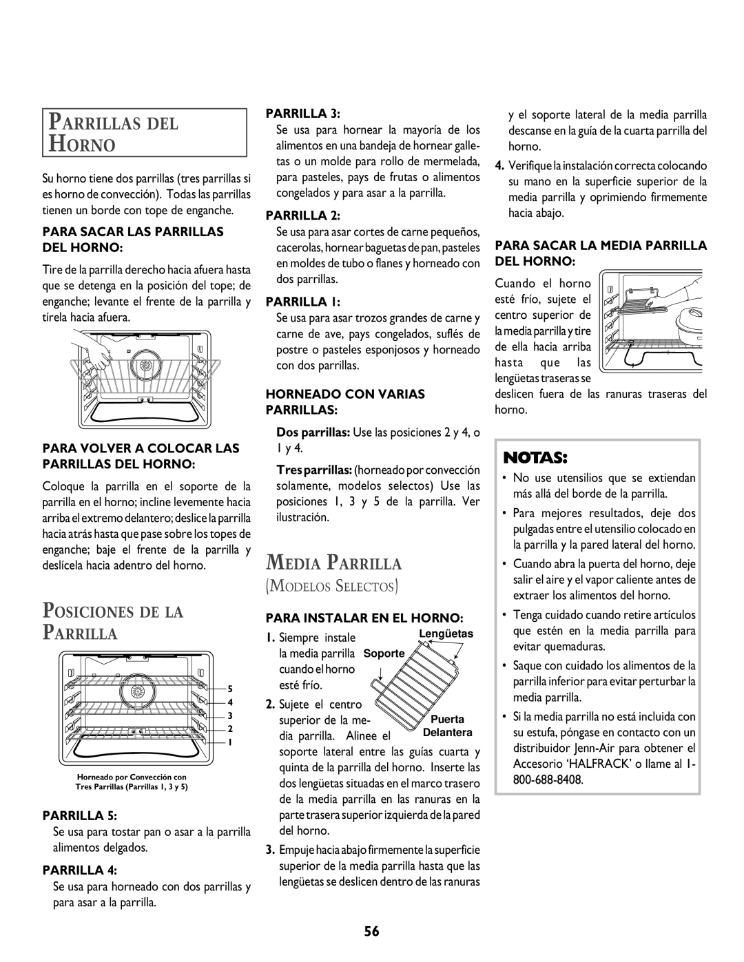 Jenn-Air DUAL-FUEL SLIDE-IN RANGE warranty Parrillas DEL Horno, Posiciones DE LA Parrilla, Media Parrilla 