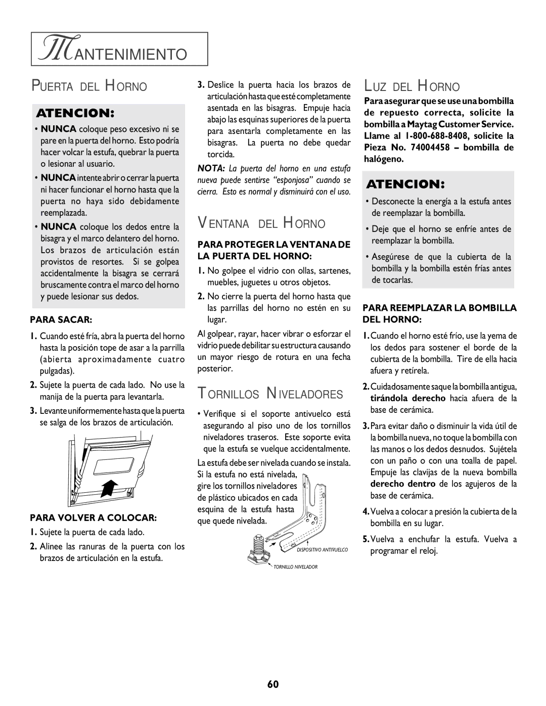 Jenn-Air DUAL-FUEL SLIDE-IN RANGE Mantenimiento, Puerta DEL Horno, Ventana DEL Horno, Tornillos Niveladores, LUZ DEL Horno 