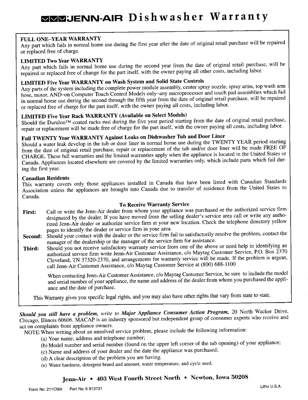 Jenn-Air DW711 warranty Full ONE-YEAR Warranty, Jenn-Air 403 West Fourth Street North Newton, Iowa 