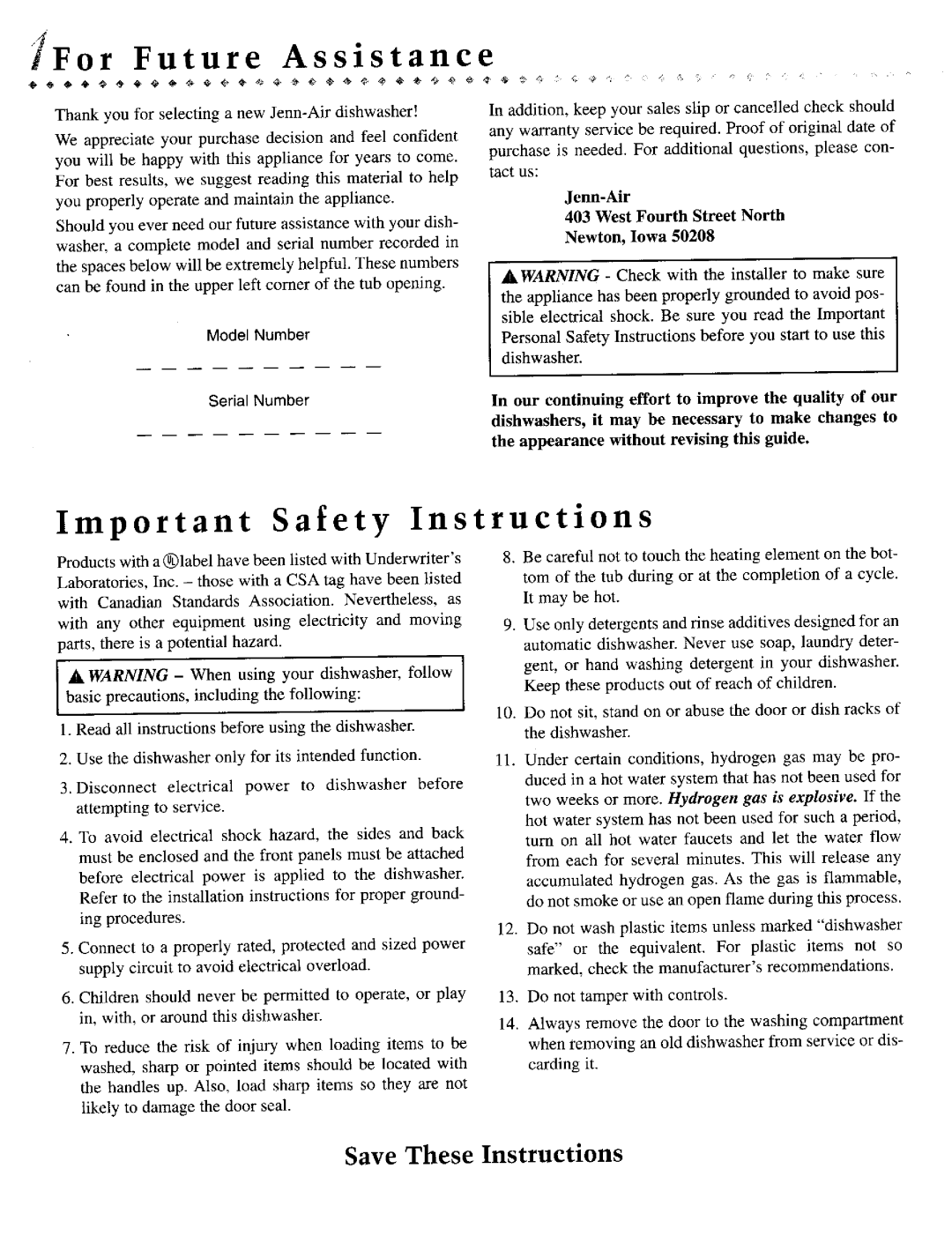 Jenn-Air DW711 warranty For Future Assistance, Important Safety Instructions 