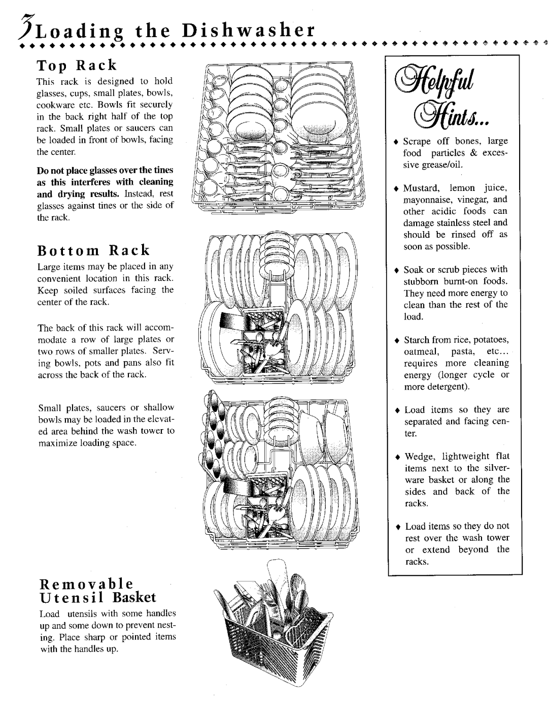 Jenn-Air DW711 warranty Loading the Dishwasher, T t o m R a c k, Removable Utensil Basket 