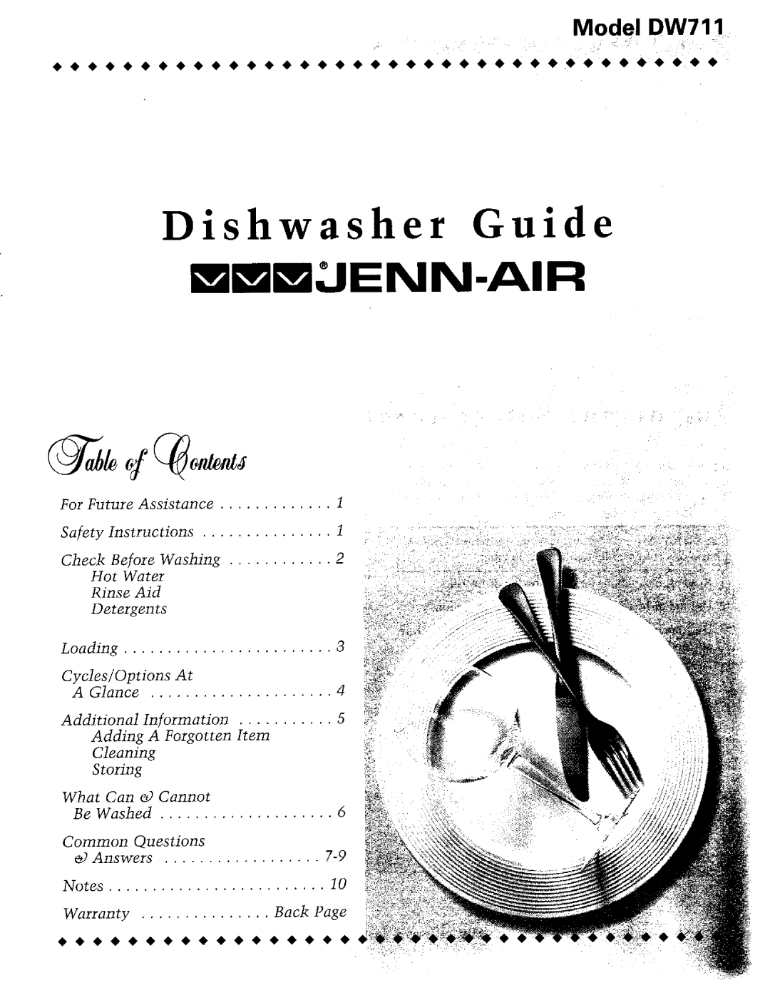 Jenn-Air warranty Dishwasher Guide, mBmLIENN-AIR, Model DW711 