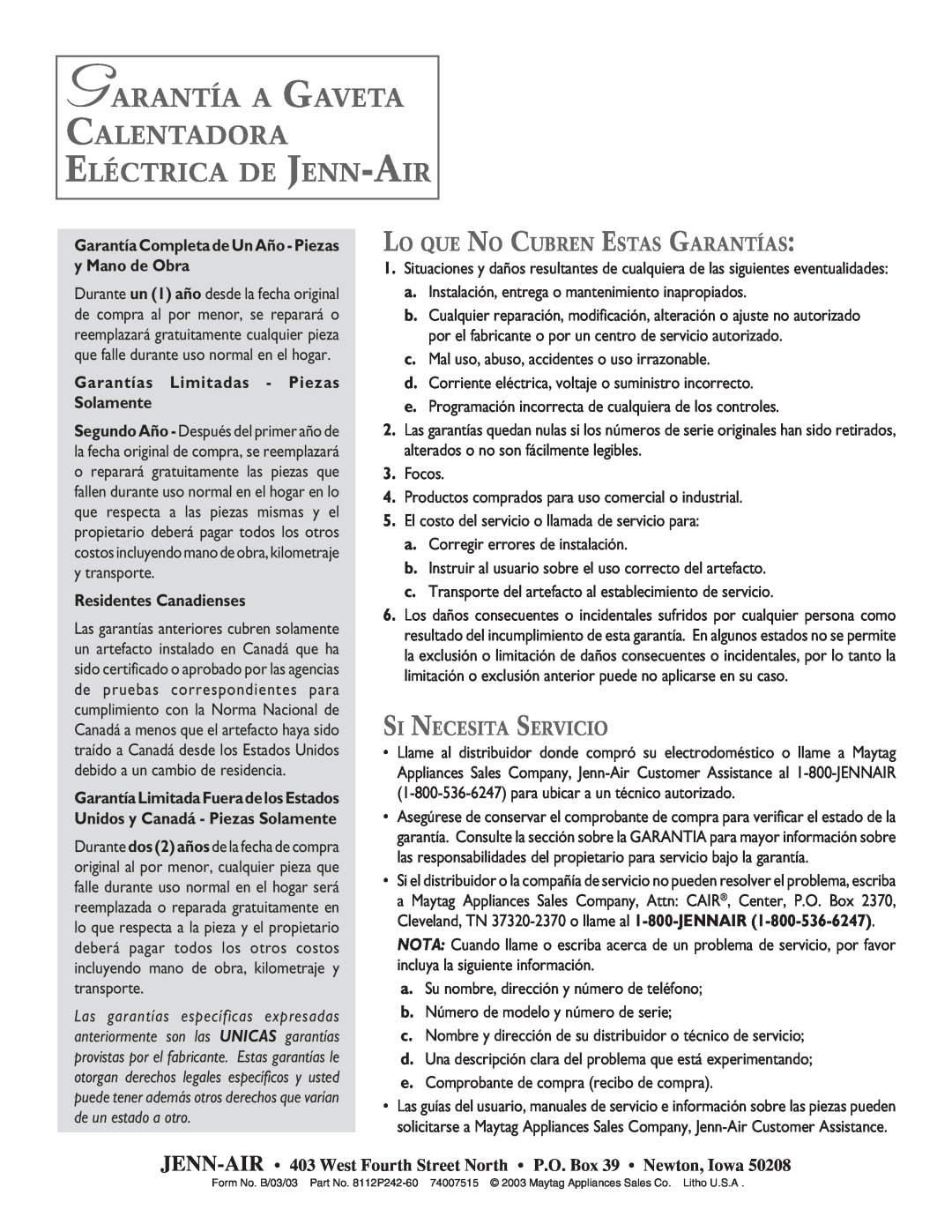 Jenn-Air ELECTRIC WARMING warranty Garantía A Gaveta Calentadora Eléctrica De Jenn-Air, Lo Que No Cubren Estas Garantías 