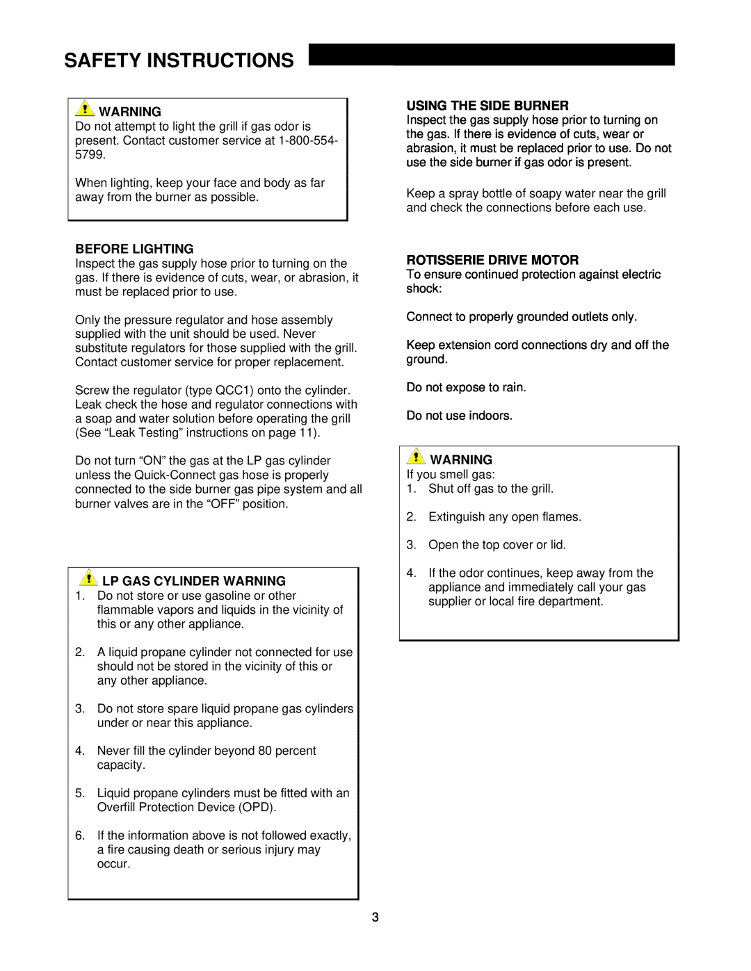 Jenn-Air 720-0511, G18Y07P-02 manual Before Lighting, Lp Gas Cylinder Warning, Using The Side Burner, Rotisserie Drive Motor 