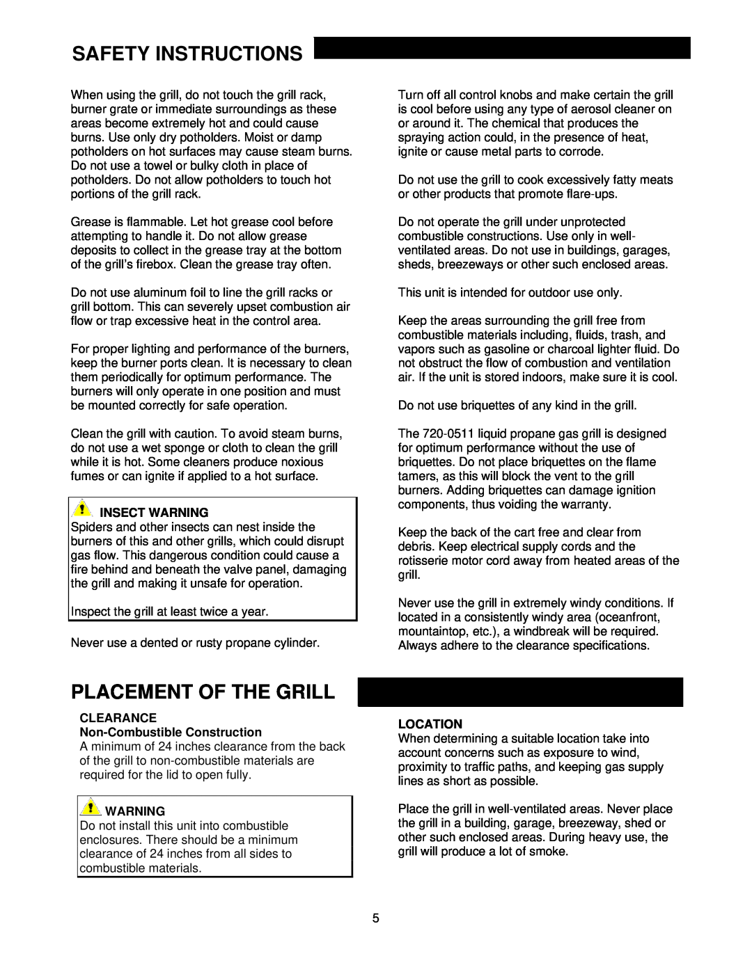 Jenn-Air 720-0511, G18Y07P-02 Placement Of The Grill, Insect Warning, CLEARANCE Non-Combustible Construction, Location 