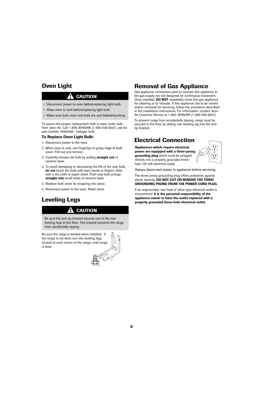 Jenn-Air GAS DOWNDRAFT SLIDE-IN RANGE Oven Light, Leveling Legs, Removal of Gas Appliance, Electrical Connection 