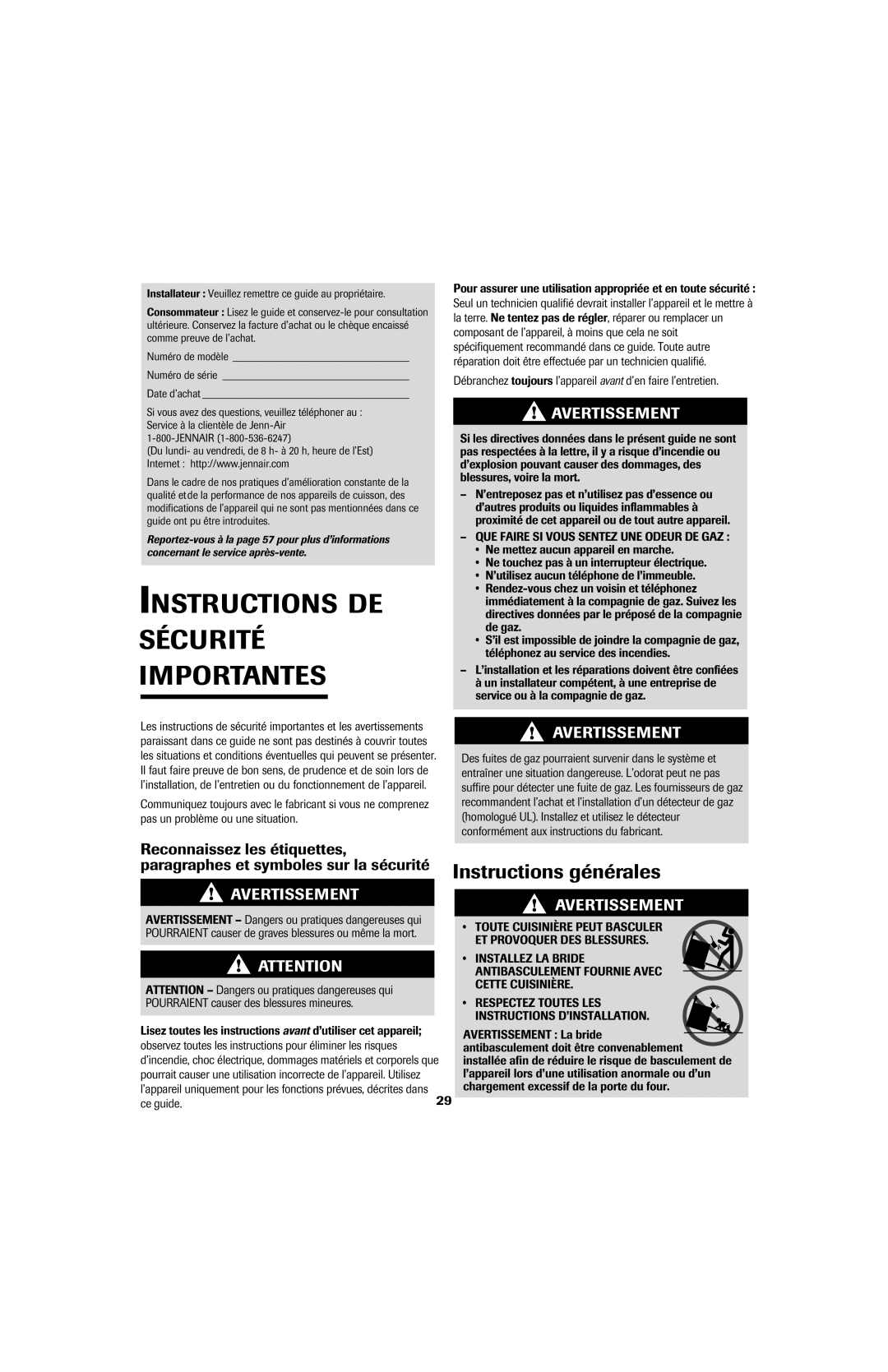 Jenn-Air GAS DOWNDRAFT SLIDE-IN RANGE Instructions DE Sécurité Importantes, Instructions générales 