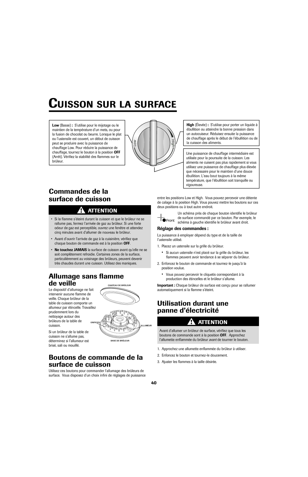 Jenn-Air GAS DOWNDRAFT SLIDE-IN RANGE Cuisson SUR LA Surface, Commandes de la surface de cuisson, Allumage sans flamme 