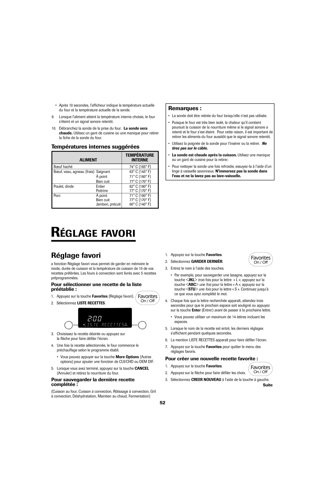 Jenn-Air GAS DOWNDRAFT SLIDE-IN RANGE Réglage Favori, Réglage favori, Températures internes suggérées 