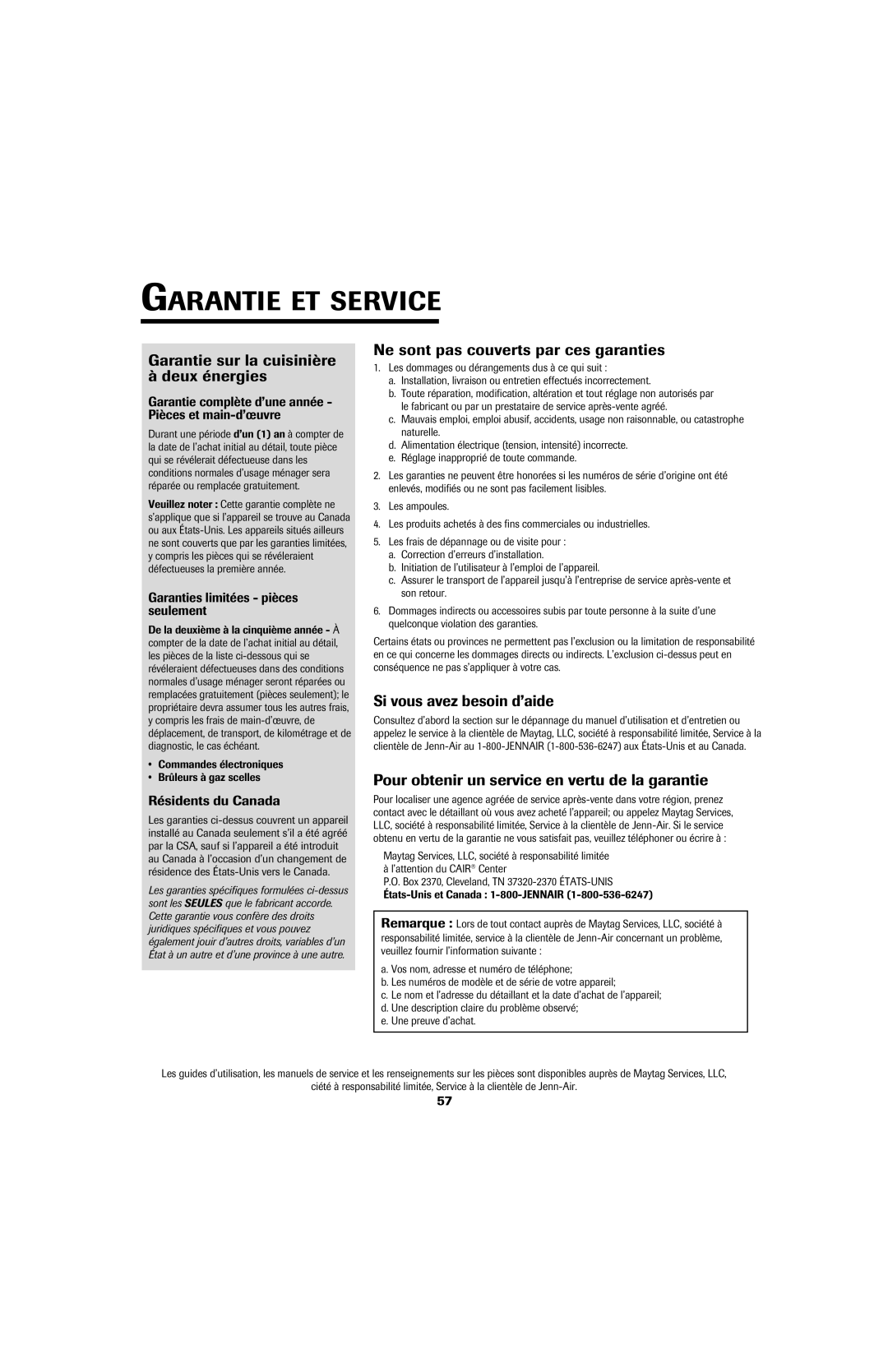 Jenn-Air GAS DOWNDRAFT SLIDE-IN RANGE Garantie ET Service, Garantie sur la cuisinière à deux énergies 