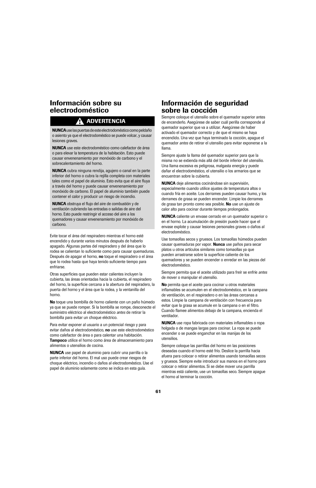 Jenn-Air GAS DOWNDRAFT SLIDE-IN RANGE Información sobre su electrodoméstico, Información de seguridad sobre la cocción 