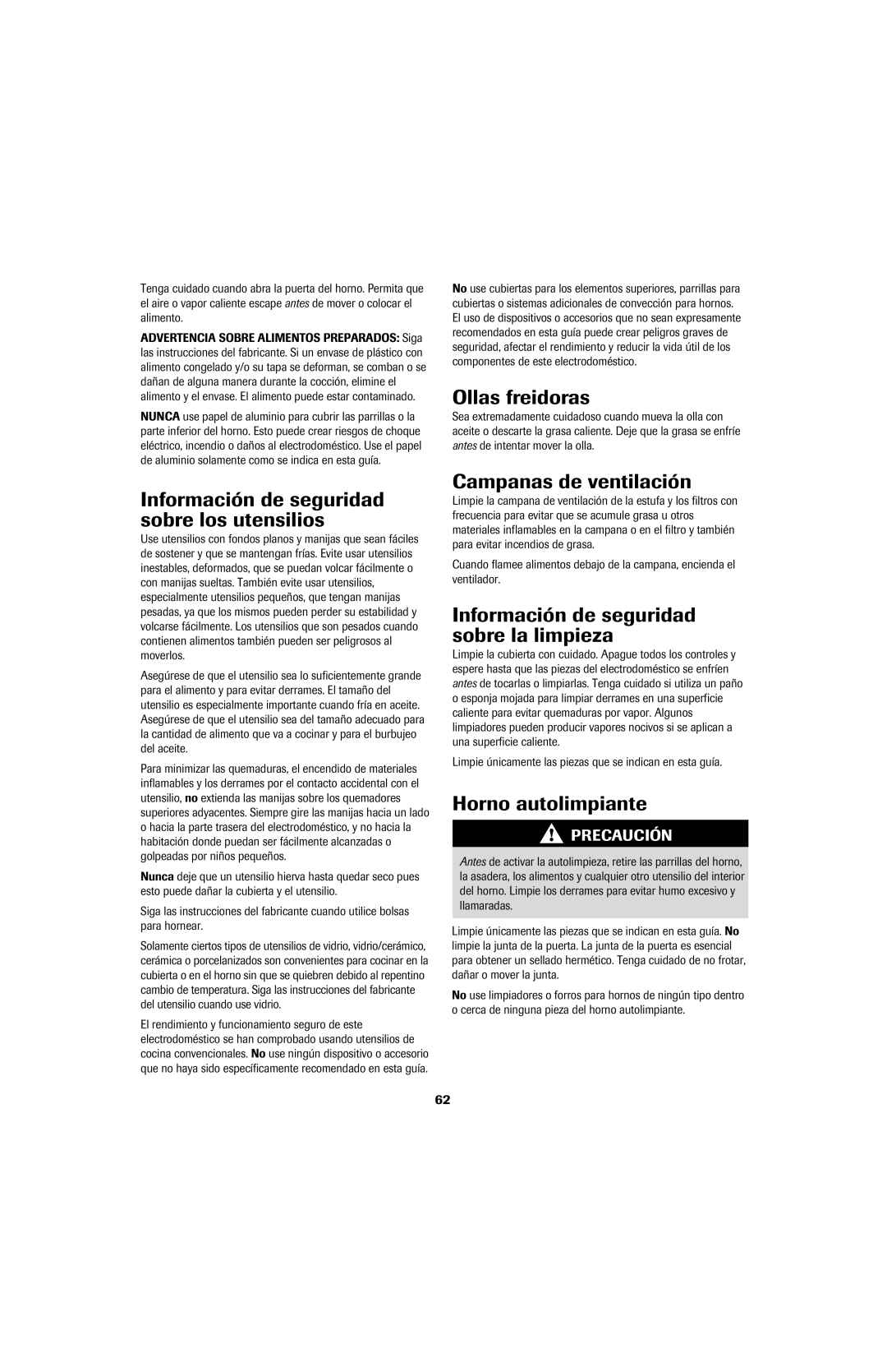 Jenn-Air GAS DOWNDRAFT SLIDE-IN RANGE Información de seguridad sobre los utensilios, Ollas freidoras, Horno autolimpiante 