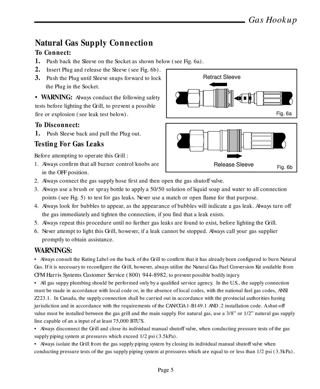 Jenn-Air JA460, JA580 user manual Natural Gas Supply Connection, Testing For Gas Leaks, To Connect, To Disconnect 