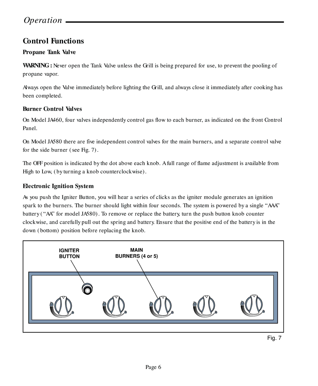 Jenn-Air JA580, JA460 user manual Control Functions, Propane Tank Valve, Burner Control Valves, Electronic Ignition System 