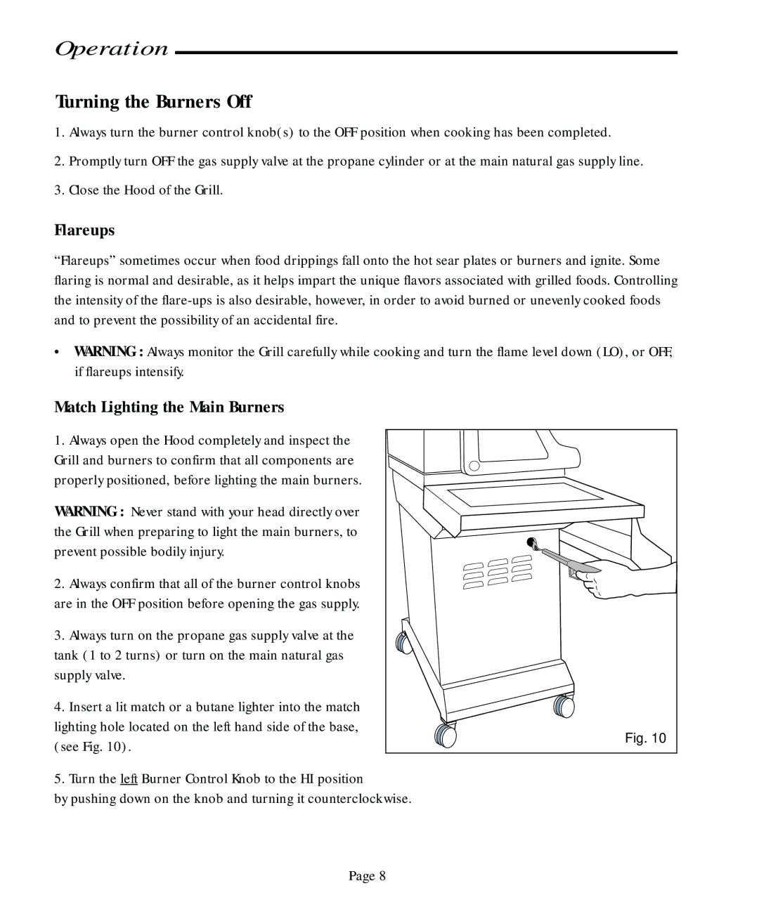 Jenn-Air JA580, JA460 user manual Turning the Burners Off, Flareups, Match Lighting the Main Burners 