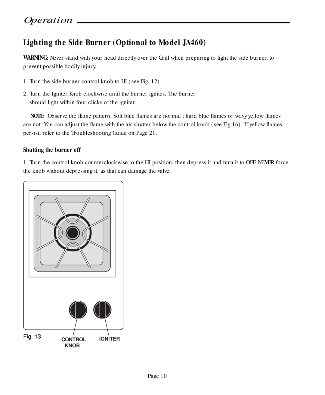 Jenn-Air JA580 user manual Lighting the Side Burner Optional to Model JA460, Shutting the burner off 