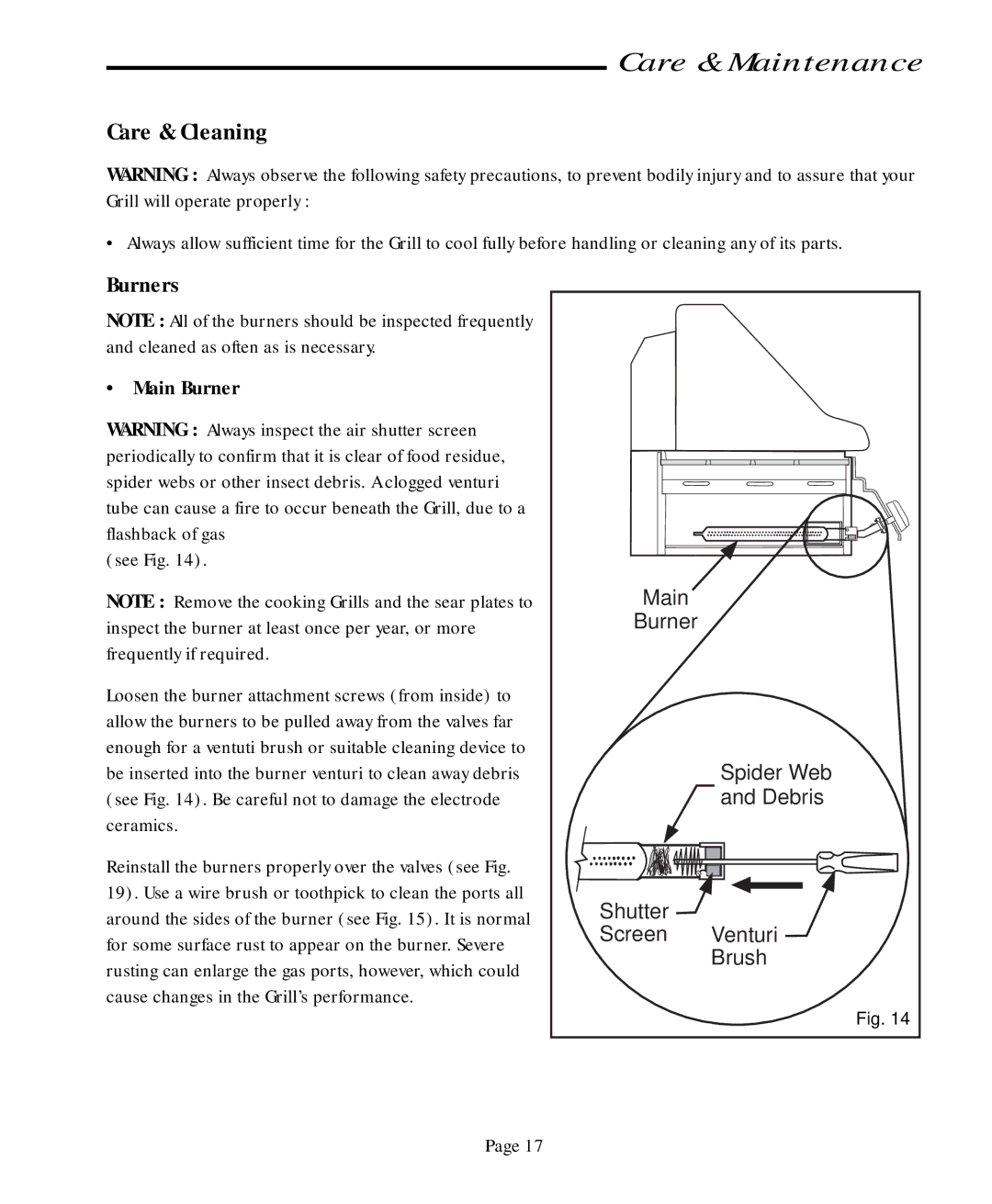 Jenn-Air JA460, JA580 user manual Care & Maintenance, Care & Cleaning, Burners, Main Burner 