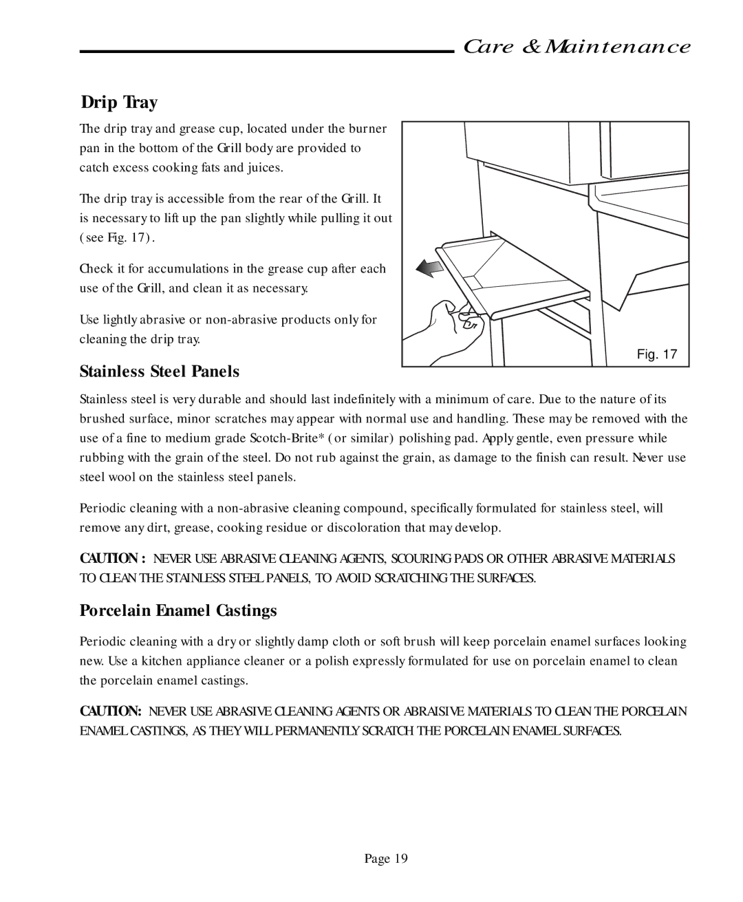 Jenn-Air JA460, JA580 user manual Drip Tray, Stainless Steel Panels, Porcelain Enamel Castings 