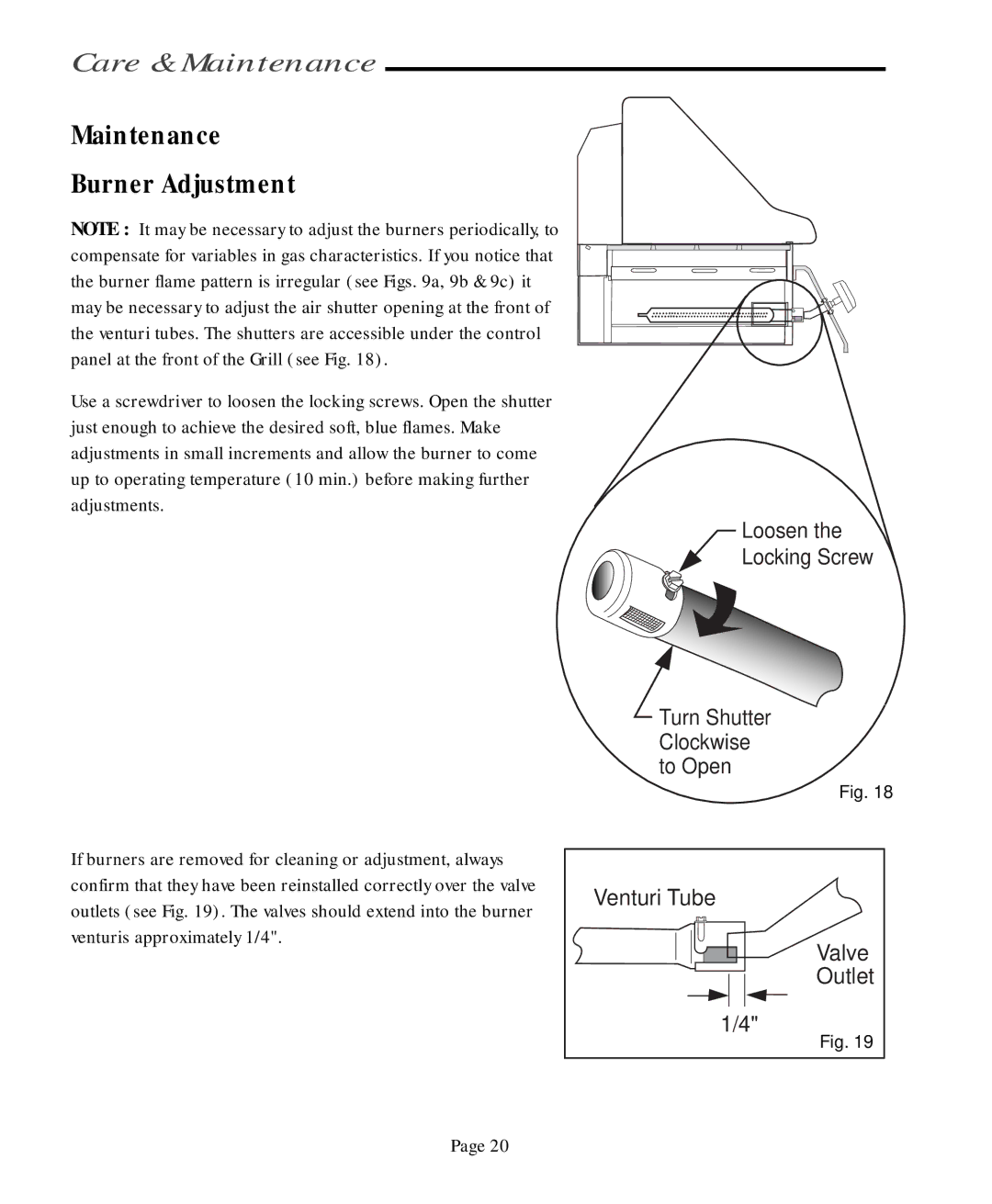 Jenn-Air JA580, JA460 user manual Maintenance Burner Adjustment, Loosen Locking Screw Turn Shutter Clockwise to Open 