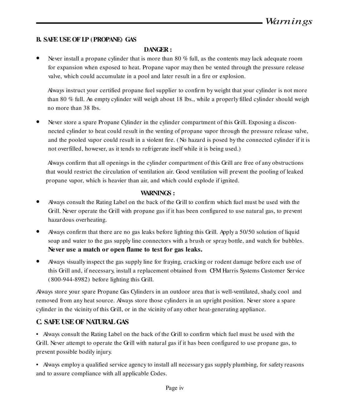 Jenn-Air JA460, JA580 user manual Safe USE of LP Propane GAS, Never use a match or open flame to test for gas leaks 