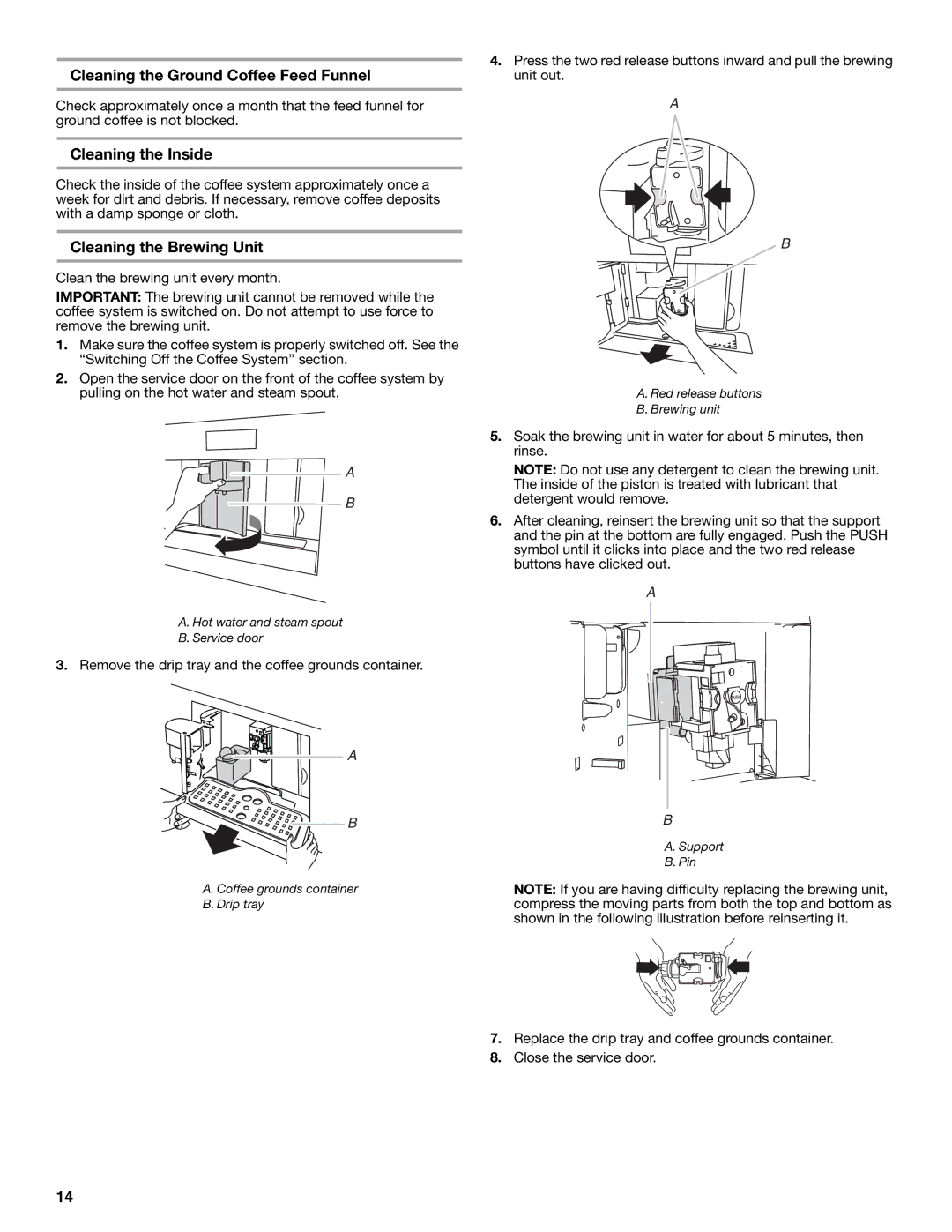 Jenn-Air JBC7624BS manual Cleaning the Ground Coffee Feed Funnel, Cleaning the Inside, Cleaning the Brewing Unit 