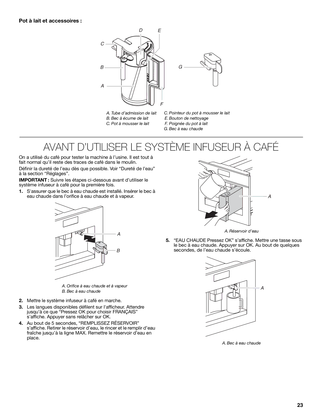 Jenn-Air JBC7624BS manual Avant D’UTILISER LE Système Infuseur À Café, Pot à lait et accessoires 