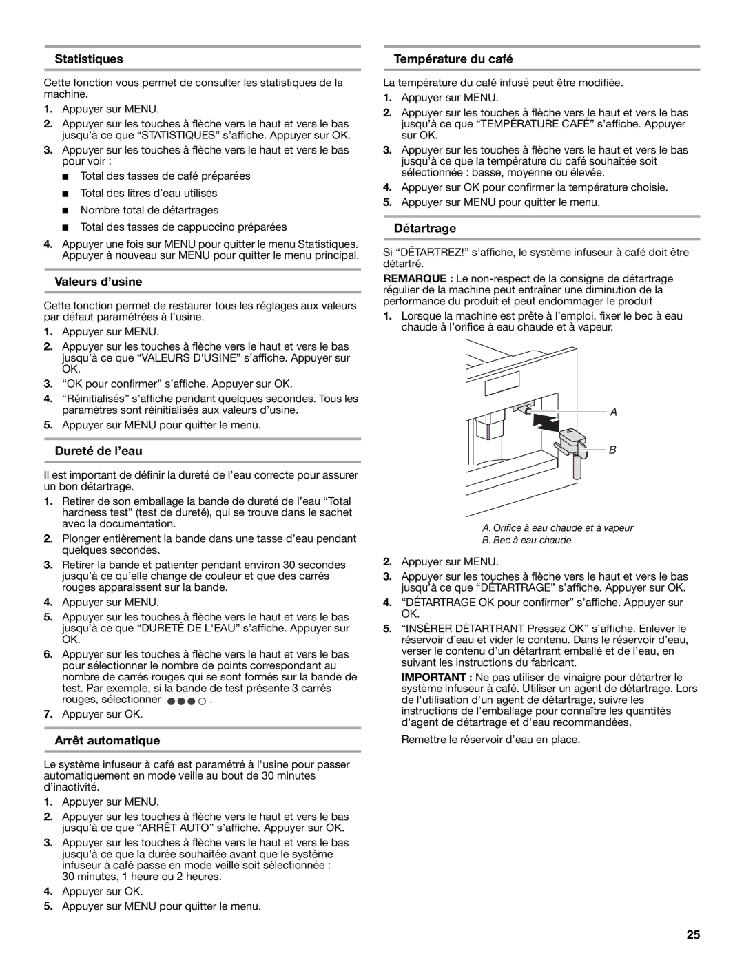 Jenn-Air JBC7624BS Statistiques, Valeurs d’usine, Dureté de l’eau, Arrêt automatique, Température du café, Détartrage 