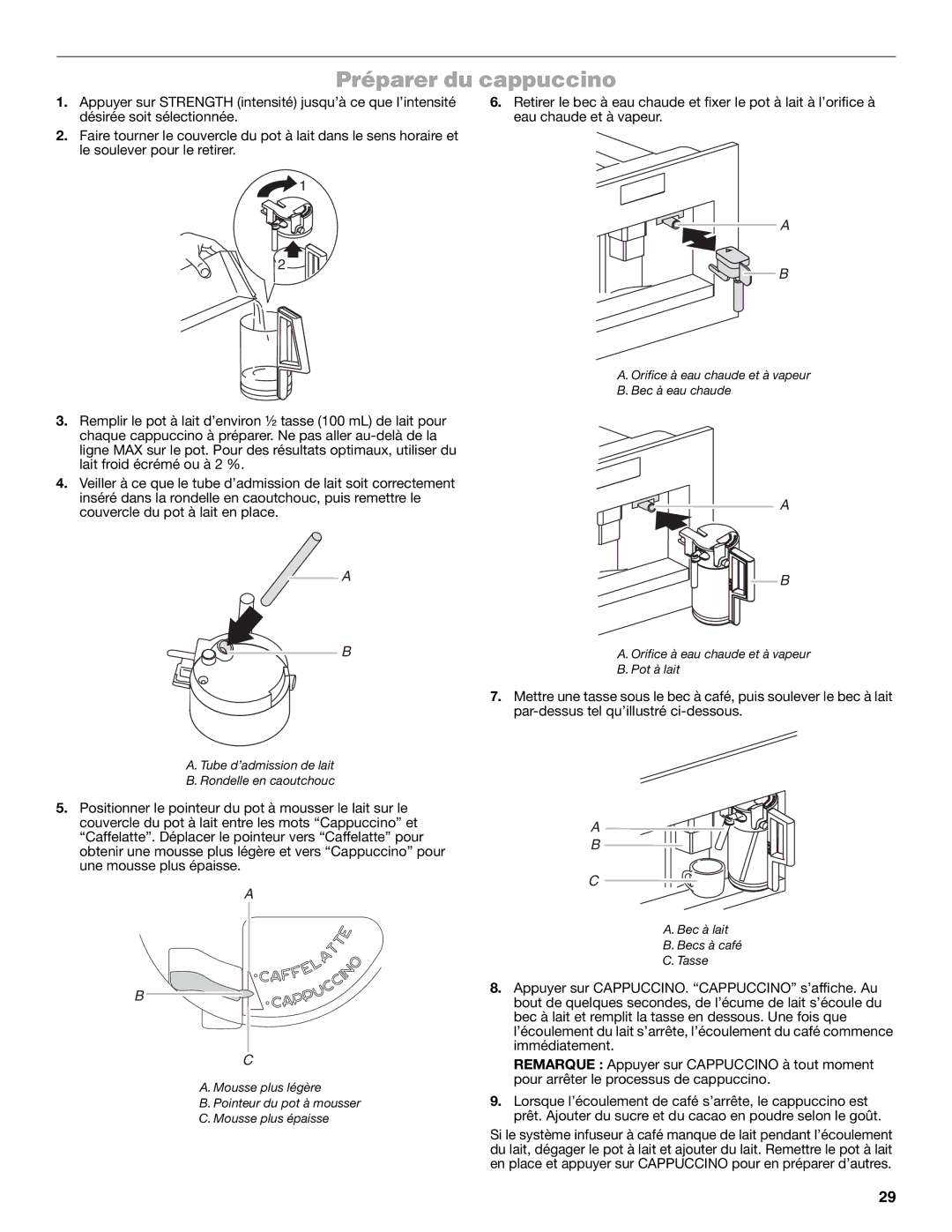 Jenn-Air JBC7624BS manual Préparer du cappuccino 