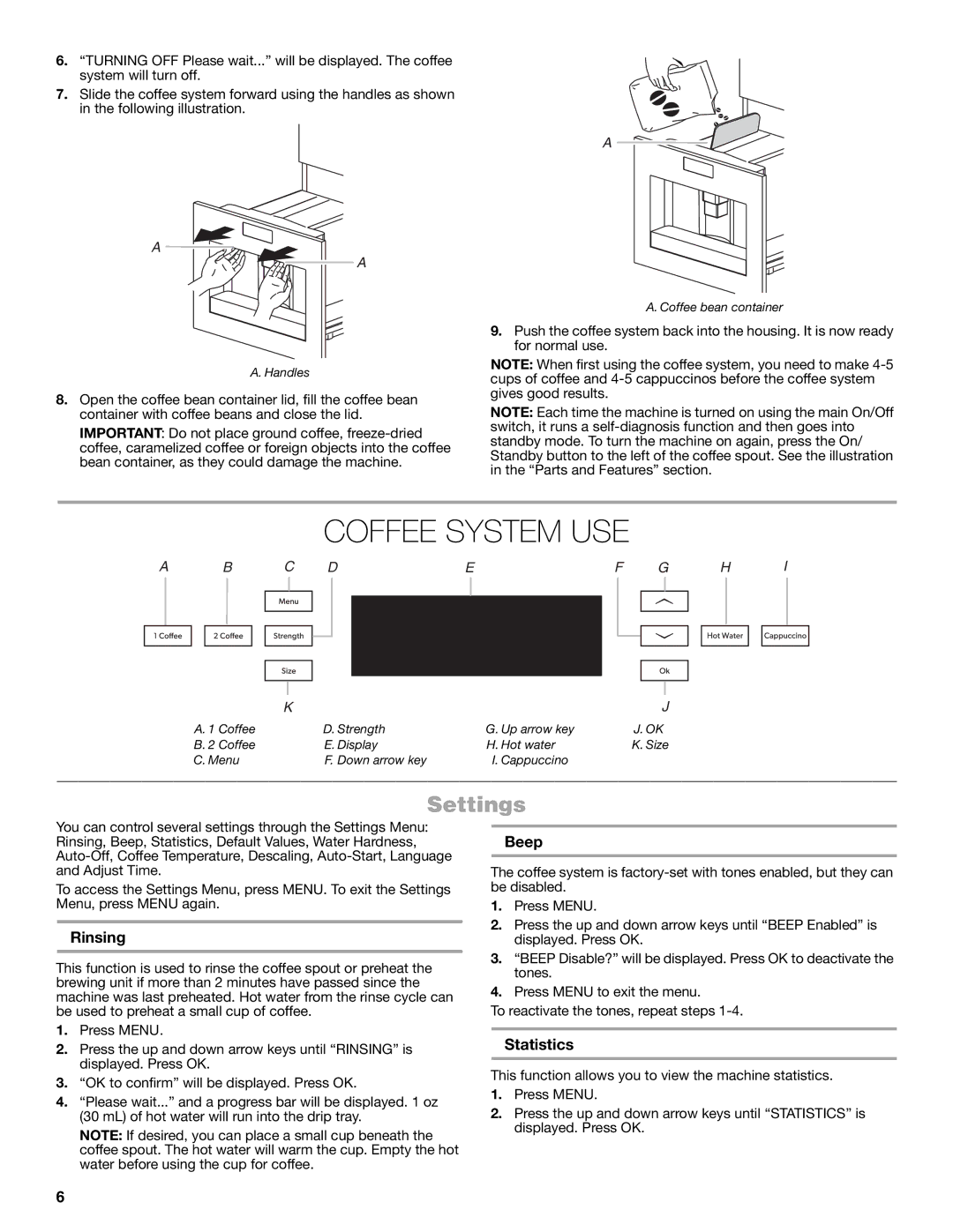 Jenn-Air JBC7624BS manual Coffee System USE, Settings, Rinsing, Beep, Statistics 