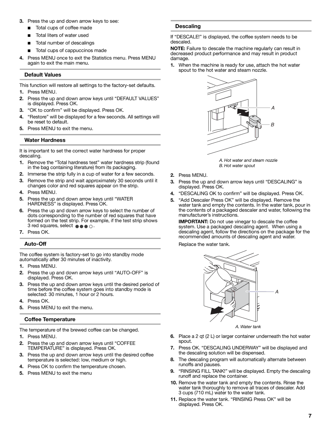 Jenn-Air JBC7624BS manual Default Values, Descaling, Water Hardness, Auto-Off, Coffee Temperature 