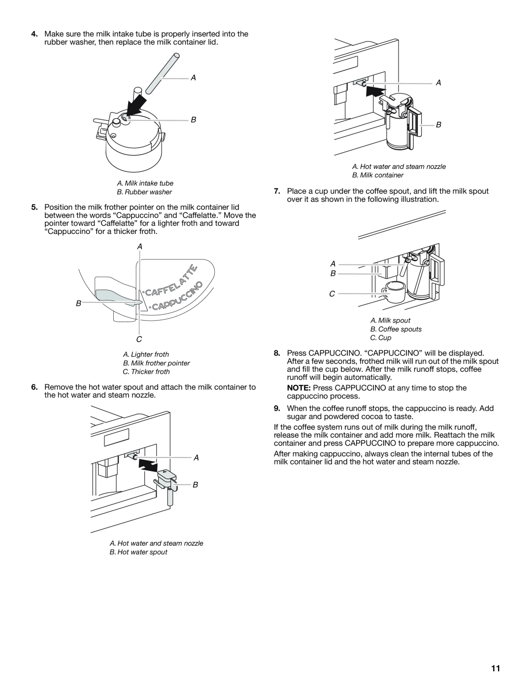 Jenn-Air JBC7624BS manual A B C, Make sure the milk intake tube is properly inserted into the 